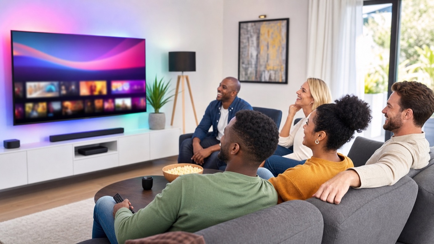 Famille francophone au Canada regardant IPTV Max Canada sur une télévision connectée
